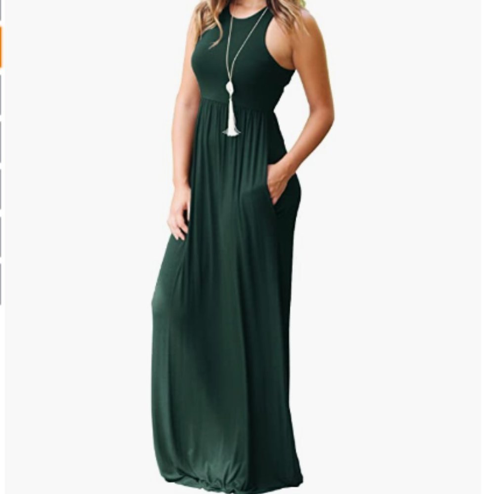 NWT GRECERELLE Sleeveless Racerback Dark Green Maxi Dress With Pockets Size XL